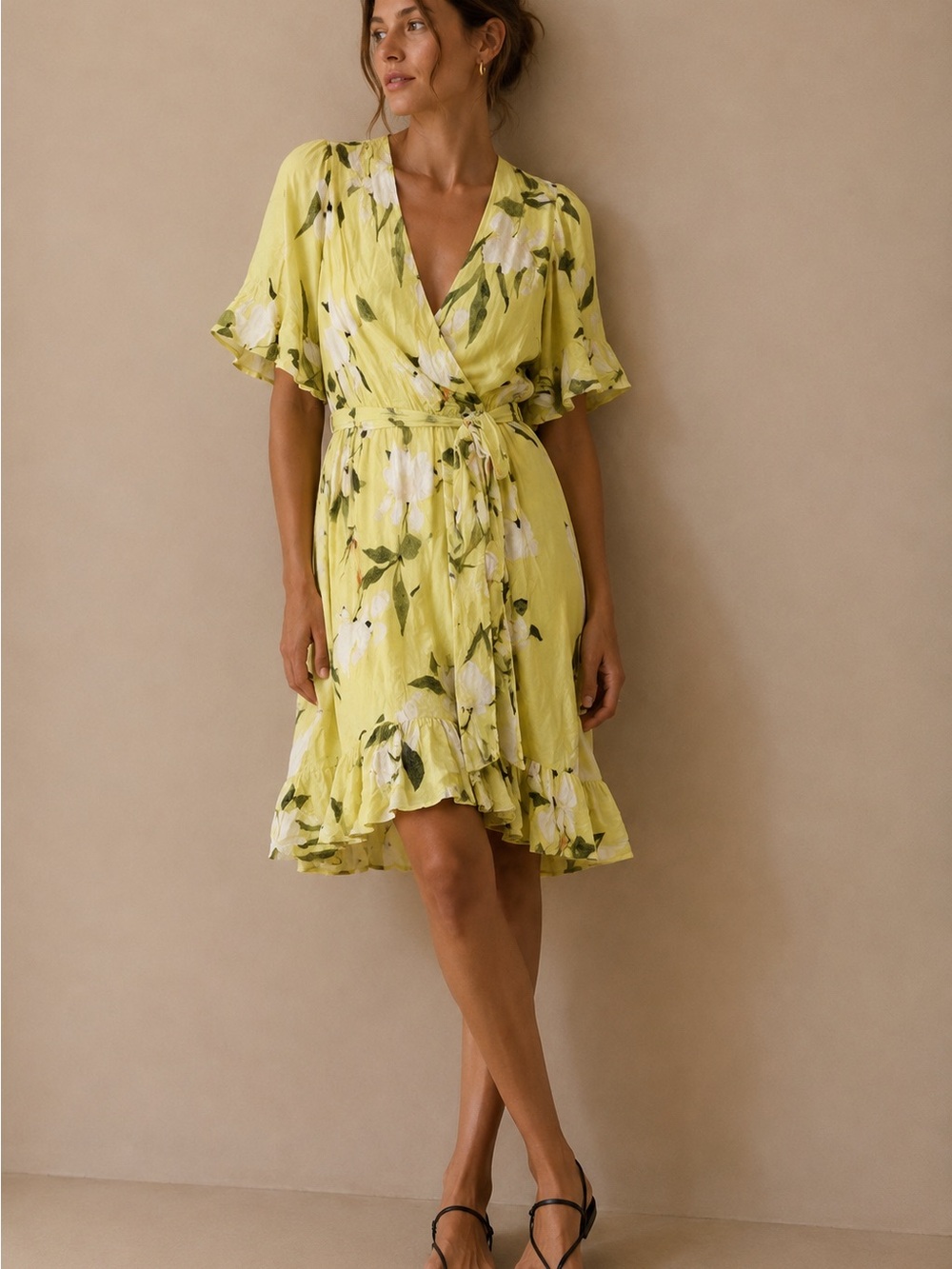 Rachel Roy Yellow Floral Wrap Ruffle Hem Midi Dress Size 2X